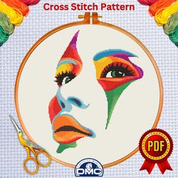 beautiful female face paint art bella cross stitch pattrn1, modern cross stitch pattern, instant digital pdf download, f