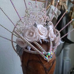 Burlesque crown headdress with roses and rhinestones Halo cream color