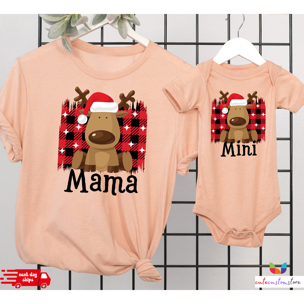 Mama Mini Christmas Matching Shirts, Buffalo Plaid Cute Reindeer T-Shirts.jpg