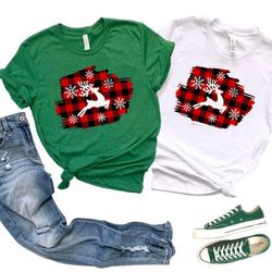 reindeer christmas shirt,cute christmas deer tee,christmas family pajamas holiday tee, snowflake unisex tee,buffalo plai