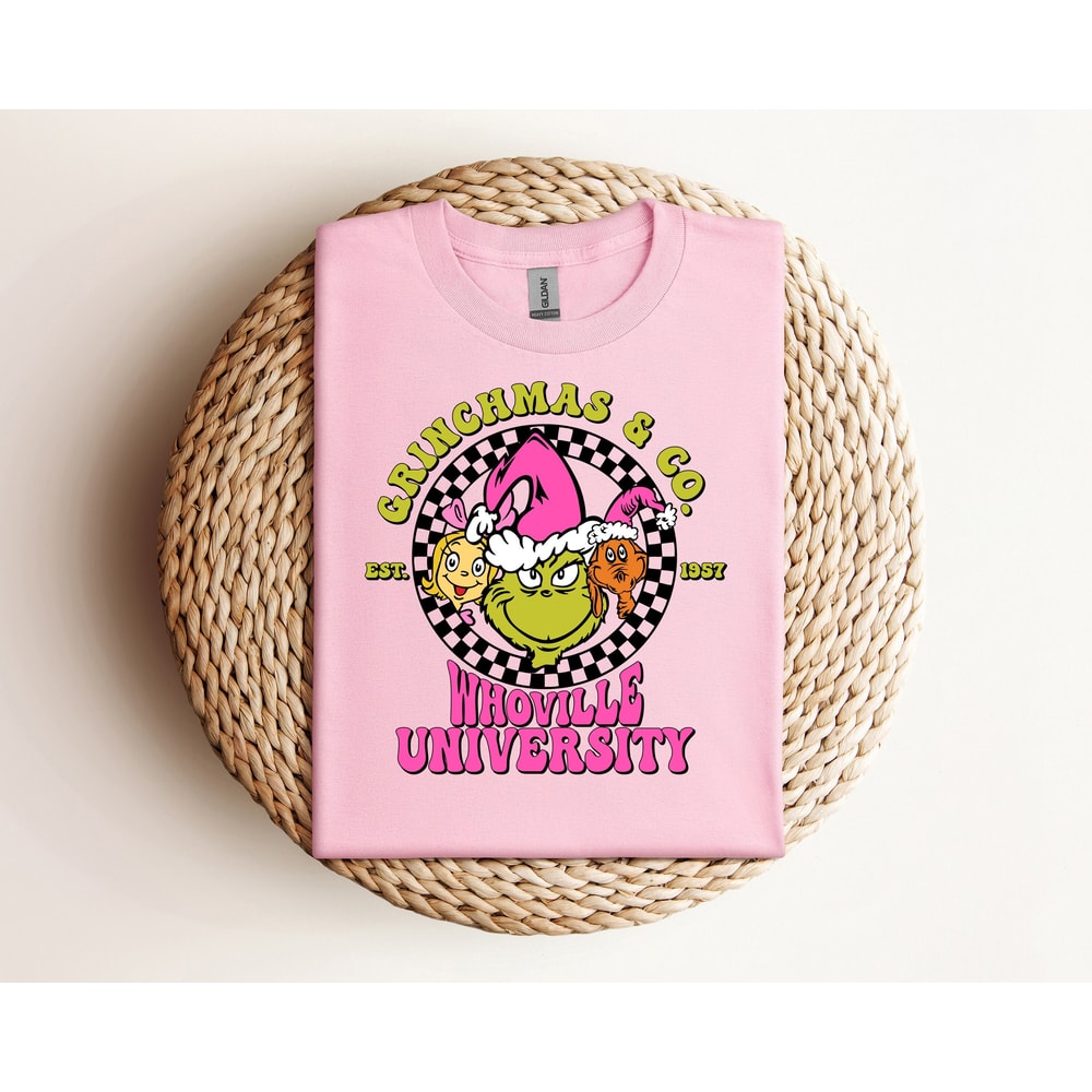 Grinchmas and Co Unisex Shirt, Pink Christmas, Whoville University, In My Grinch Era Unisex Shirt, Trending Christmas, Christmas Party.jpg