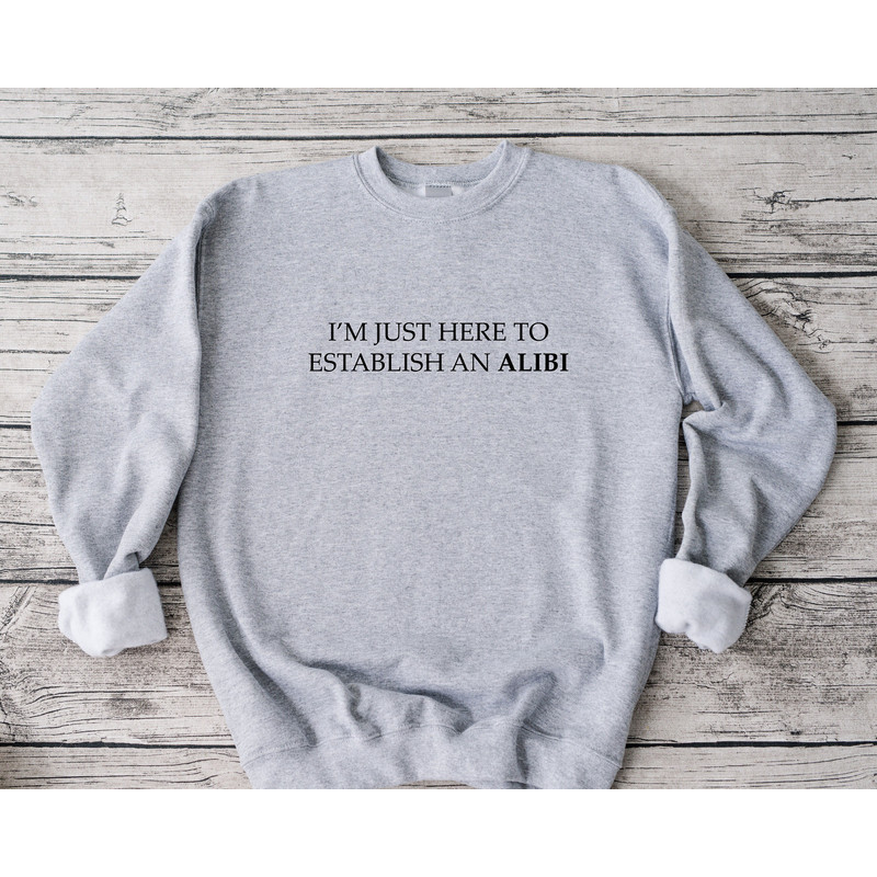 I'm Just Here To Establish An Alibi Sweatshirt, Funny Crime Sweatshirt, Sarcastic Sweatshirt, Funny Sweatshirt, True Crime Sweatshirt.jpg