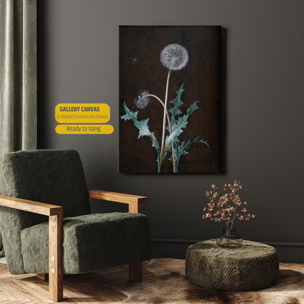 Antique Dark Olive Green Dandelion Painting, Vintage Dandelion Painting, Moody Vintage Flower Print, Large Wall Art, Housewarming Gift.jpg