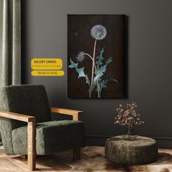 antique dark olive green dandelion painting, vintage dandelion painting, moody v