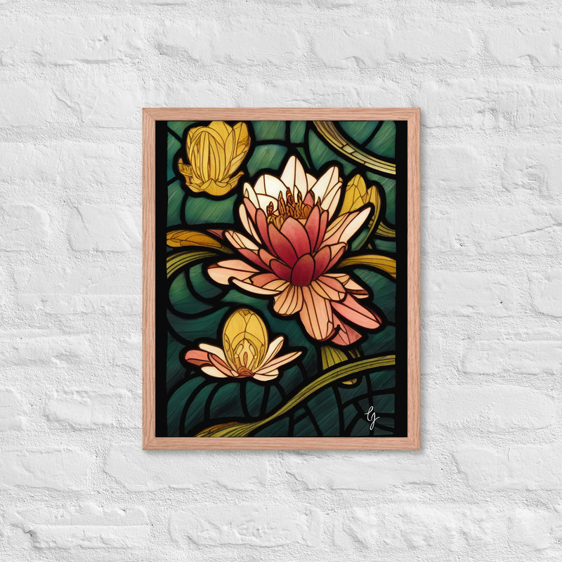 Art Nouveau Faux Water Lily Stained Glass Framed Art Poster Print, Art Deco Water Lily Print, Framed Poster Print, Boho Framed Art Print.jpg