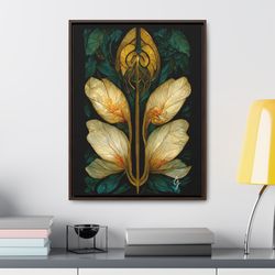 art nouveau framed canvas print, cottagecore flowers canvas print, faux stained glass, art deco flow
