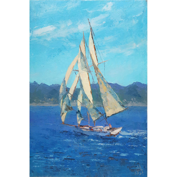 White Sailboat sea art hand painted by artist with palette knife.