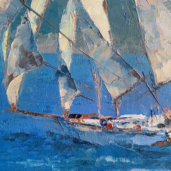 White Sailboat sunlit. Fragment of a close-up original sea Painting.