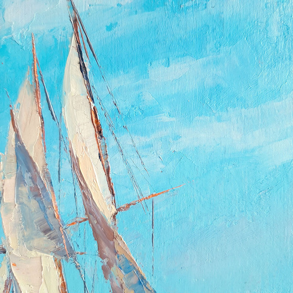 High sailboat mast against a bright blue sky. Fragment of a close-up Original Ocean Painting.