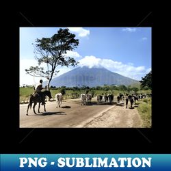 colorized vintage photo of cattle drive past san miguel volcano - png sublimation digital download - instantly transform your sublimation projects