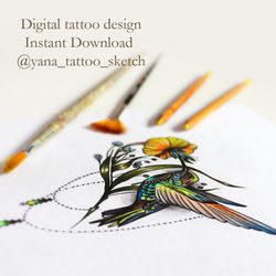 Hummingbird Tattoo Designs Hummingbird And Flower Tattoo Sketch Ideas, Instant download JPG, PNG