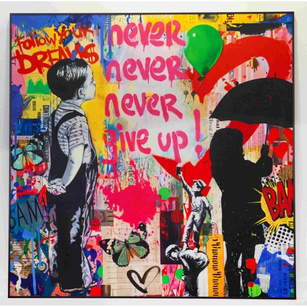 Motif Banksy Hommage Never Give Up Limited EditionRecycled DenimScreen PrintingAlu FramePop ArtStreet ArtGraffitiPop ArtMotivation.jpg