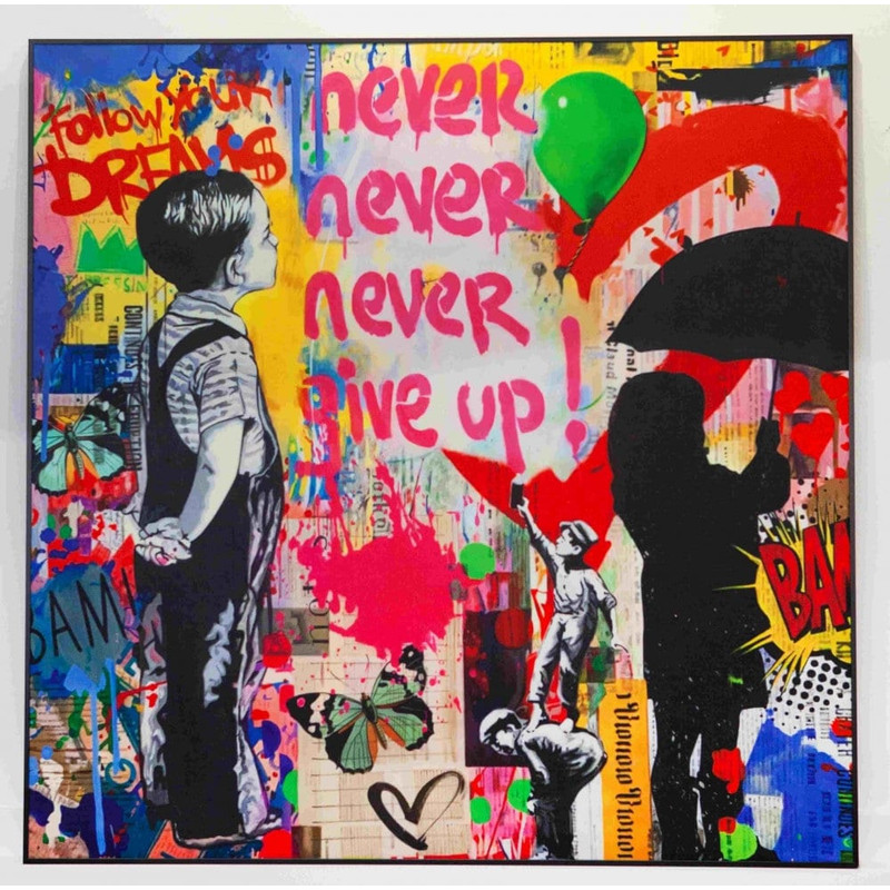 Motif Banksy Hommage Never Give Up Limited EditionRecycled DenimScreen PrintingAlu FramePop ArtStreet ArtGraffitiPop ArtMotivation.jpg