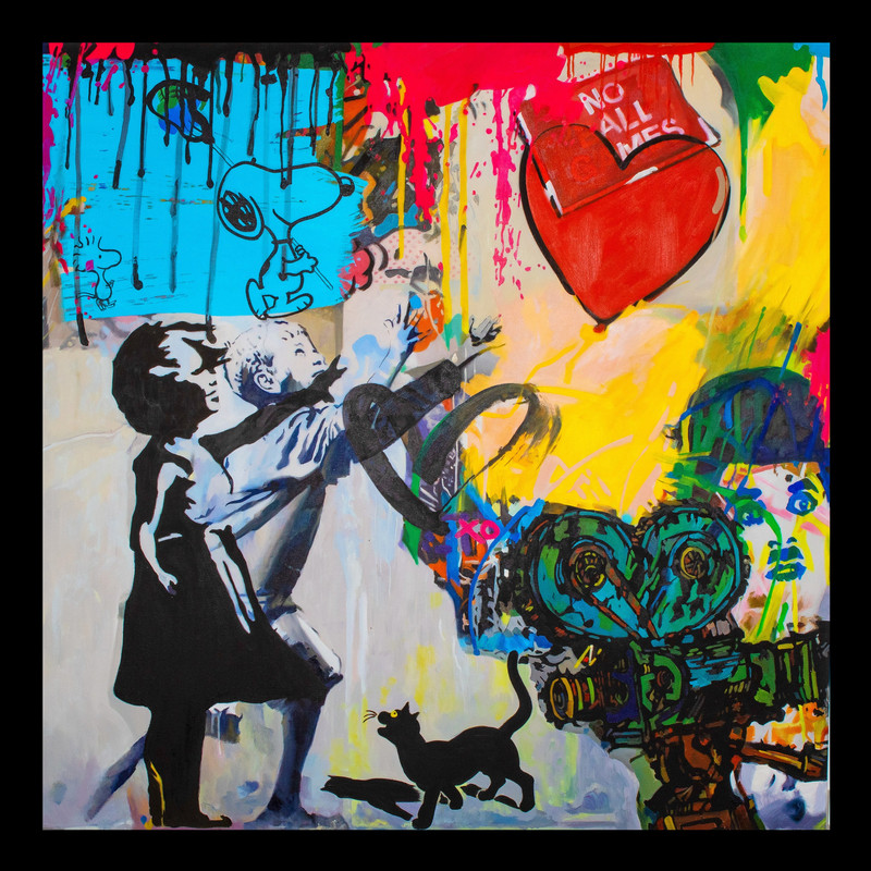 Motif Banksy Street Art Trouble with Balloon black border up to 150 x 150 cm canvas printXXL printXXL formatsAlu DibondSilverAluPop Art.jpg
