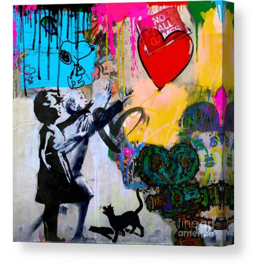Homage motif Banksy Girl Homage Trouble with Balloon Special feature canvas with 5 cm thick stretcher frameColorsModern ArtPop ArtPrint.jpg
