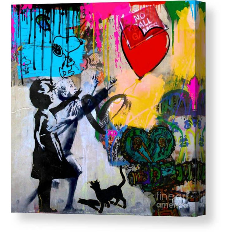 Homage motif Banksy Girl Homage Trouble with Balloon Special feature canvas with 5 cm thick stretcher frameColorsModern ArtPop ArtPrint.jpg