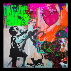 hommage banksy trouble with balloon neon ultra hd purple up to 80 x 80 cm canvas printposter papermo