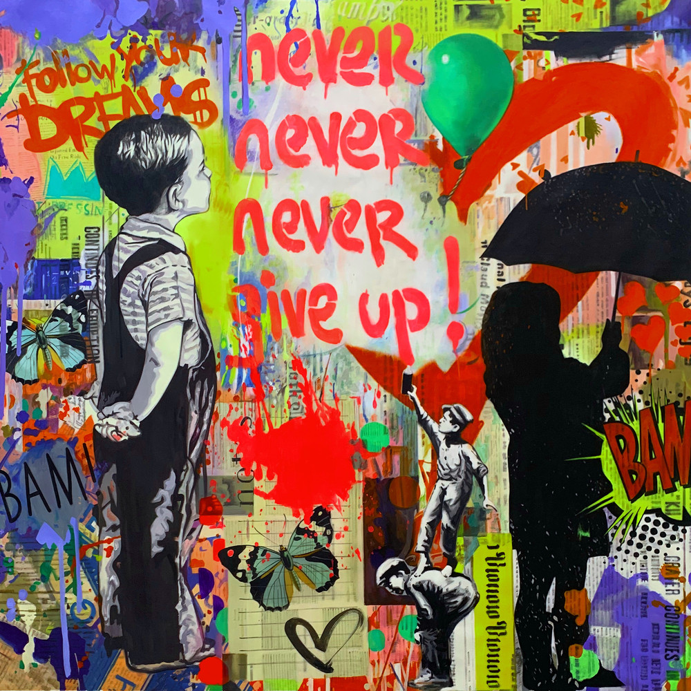 Motif Banksy Street Art Never Give Up Yellow Purple up to 150 x 150 cm Canvas PrintMotivationXXL PrintXXL FormatsAlu DibondSilverAluPop Art.jpg
