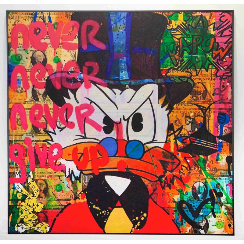 Motif Scrooge Never Give Up Limited Editionrecycled denimscreen printingaluminium framepop artstreet artgraffitipop artcomicmotivation.jpg