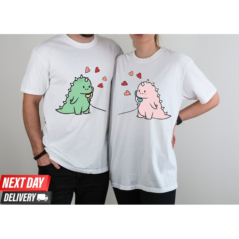 Personalized Kawaii Dinosaur Couple Shirt ,Cute Dinosaur Matching Shirt s Gift For Couple,Matching Shirt Gift For Love