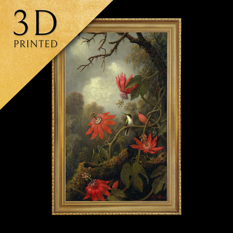Hummingbird and Passionflowers by Martin Johnson Heade, 3d Printed with texture and brush strokes looks like original oil-painting, code196.jpg