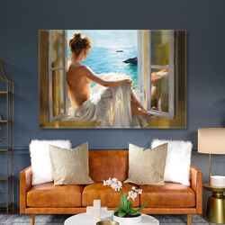 model in white dress sitting window seascape roll up canvas, stretched canvas art, framed wall art painting-1