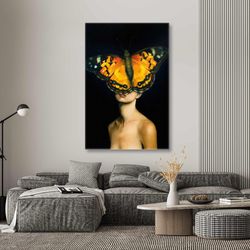 model with red lipstick and yellow butterflies on her face roll up canvas, stretched canvas art, framed wall art paintin