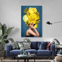 model with red lipstick and yellow flowers on her head roll up canvas, stretched canvas art, framed wall art painting