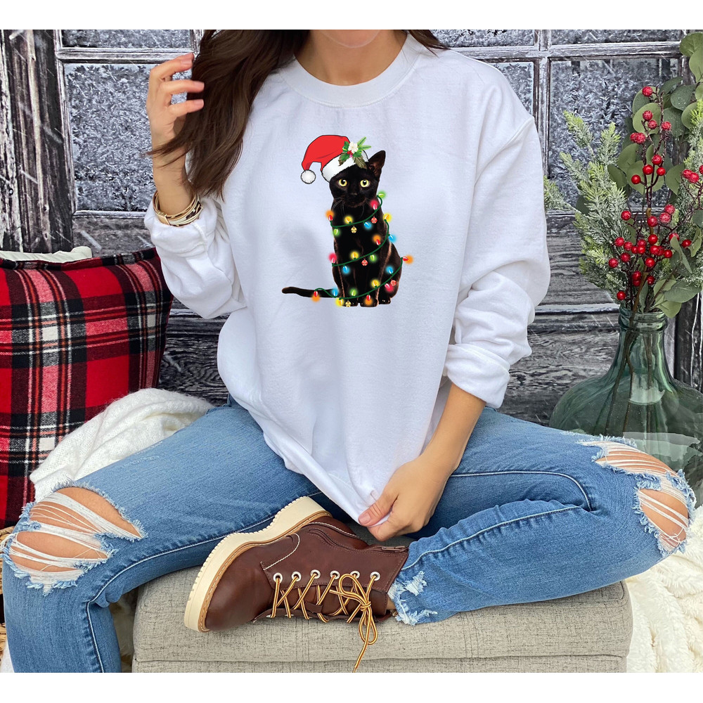 Black Cat Christmas Tree Lights Sweatshirt, Merry Christmas Sweatshirt, Family Holiday Sweatshirt, Xmas Party Shirt, Winter Sweater 1.jpg