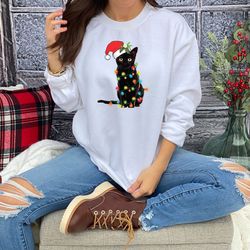 black cat christmas tree lights sweatshirt, merry christmas sweatshirt, family holiday sweatshirt, xmas party shirt, win