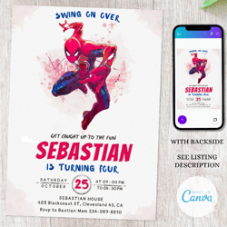 spiderman invite, spider party invitation, hero editable invitation, canva personalized printable and instant download
