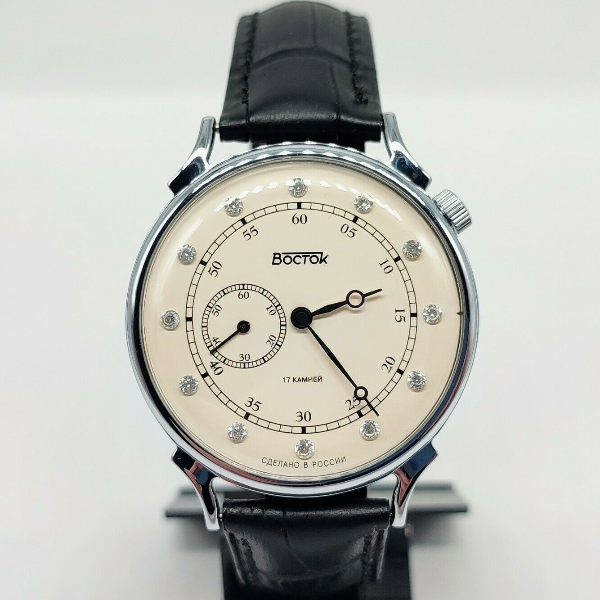 Vintage-style-mechanical-watch-Vostok-Prestige-2403-Shifted-Second-Hand-Beige-Dial-Phianite-Cubic-Zirconia-581592-1