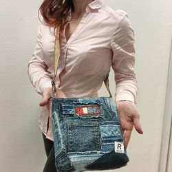 Cute small patchwork denim crossbody bag with pockets - adjustable strap