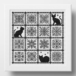 Cat cross stitch pattern, Blackwork embroidery pattern, Sampler cross stitch pattern Snowflakes, Modern cross stitch