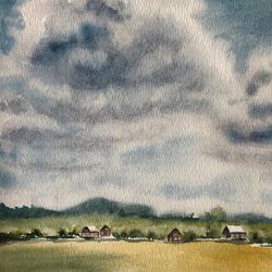 Clouds over the village landscape original watercolour painting wall art hand painted