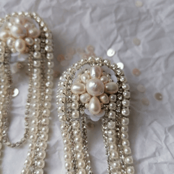 bridal rhinestone chain pearl earrings, long pearl wedding earrings with rhinestones hoop chain, vintage dangle crystal