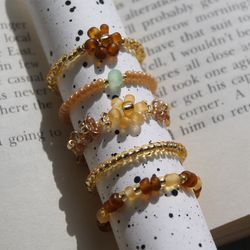 Brown Flower Rings Set Floral Seed Bead Rings Fashion Jewelry Aesthetic Handmade Jewelry Gift For Her Dainty Rings Set
