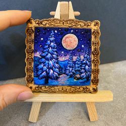Tiny felted and embroidered Winter landscape. Home or fridge decor. Mini painting.