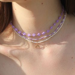 Summer necklace set Dainty necklace for her Handmade seed bead necklace Chokers set Flower necklace Gift for her