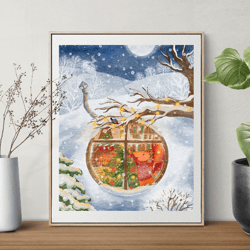 Cozy Christmas Decor, Snowstorm, Christmas Tree Illustration, Winter Art Print, Cozy Winter Gift, Cute Winter Wall Art