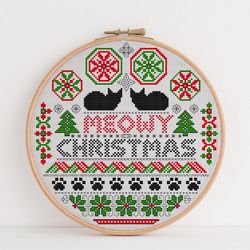 Meowy Christmas cross stitch pattern, Cute Cats cross stitch, Modern counted cross stitch pattern, X-mas embroidery  PDF
