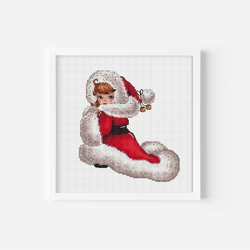Vintage Christmas Postcard Girl in Santa Suit Cross Stitch Pattern, Retro Miss Christmas Hand Embroidery Digital File