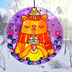 Suncatcher Stained Glass Rainbow cat Handpainted window hanging Cat lover gift