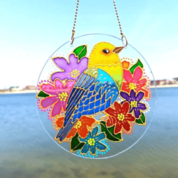 Suncatcher Stained Glass Bluebird flower art Window Decoration bird lover gift