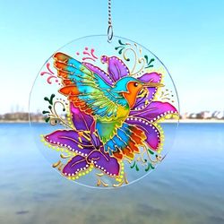 Stained glass hummingbird suncatcher Bird flower art Window hanging handmade