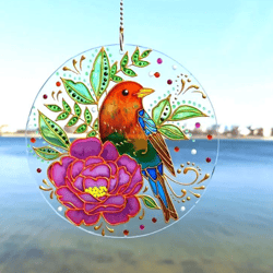 Glass suncatchers mobiles Bird flowers handpainted Window garden decor
