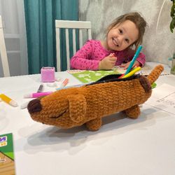 Handmade Long Dog Pencil Case for Kids - Durable and Unique Amigurumi School Supplies, Free Shipping