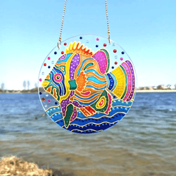 Stained glass sun catcher Rainbow window decor Ocean fish painted ornament