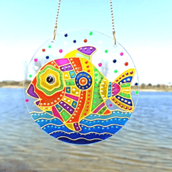 Stained glass sun catcher Rainbow window decor Fish ocean painted ornament
