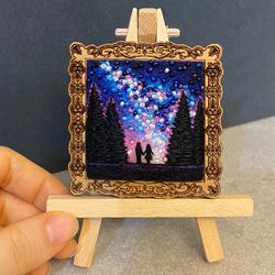Felted and embroidered night landscape. Tiny wool painting. Valentines day gift for her.